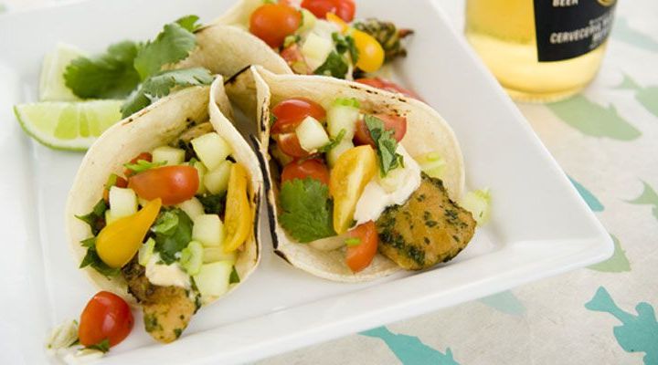 Fish Tacos with Tomato Salad and Chipotle-Lime Crema Recipe