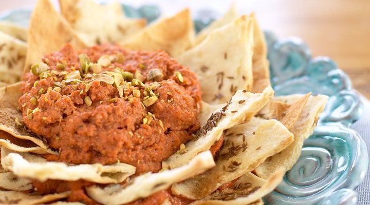 Mediterranean: Roasted Eggplant and Pomegranate Molasses Dip with Cumin Pita Chips Recipe