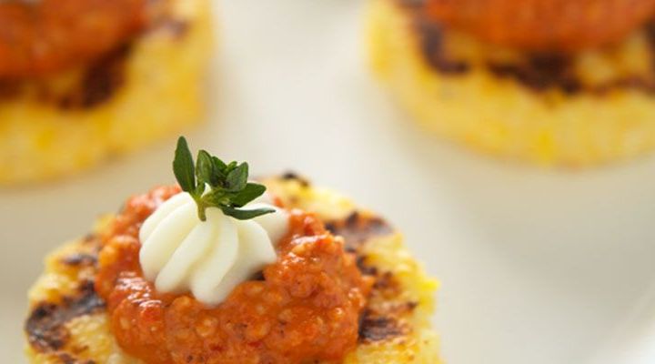 Polenta Toast with Red Bell Pepper Pesto and Goat Cheese Recipe