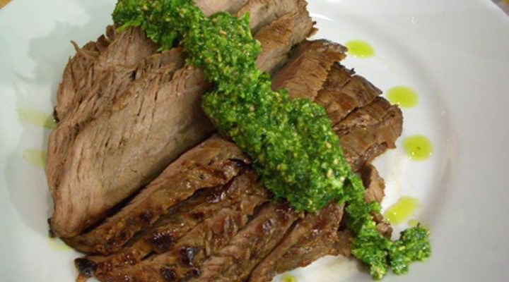 Soy-Marinated Flank Steak with Cilantro Sesame Pesto Recipe