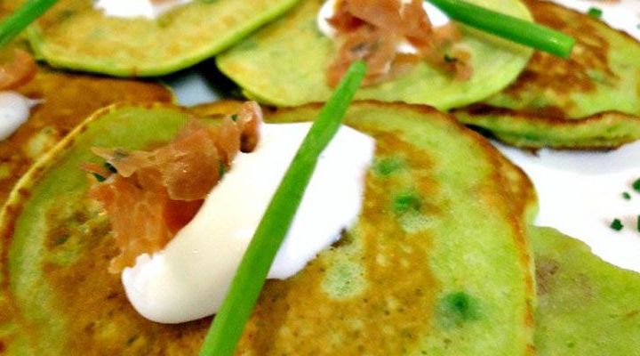 Sweet Pea and Mint Galettes with Prosciutto and Sour Cream Recipe