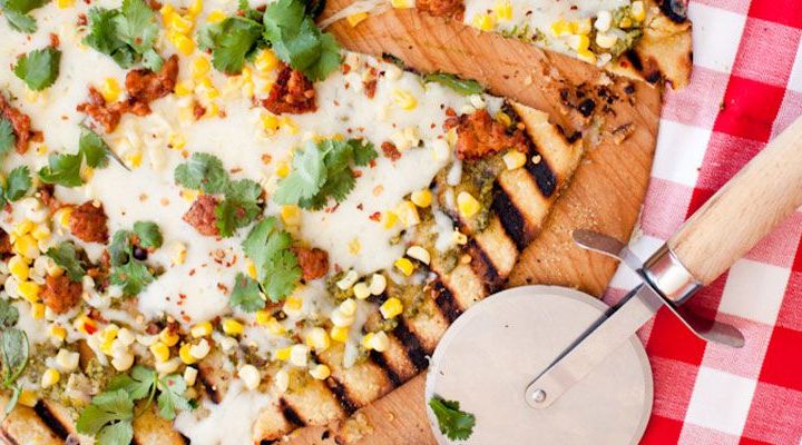 Cornmeal-Crusted Pizza Topped with Poblano Pesto, Mozzarella, Smoked Chicken, and Corn Recipe