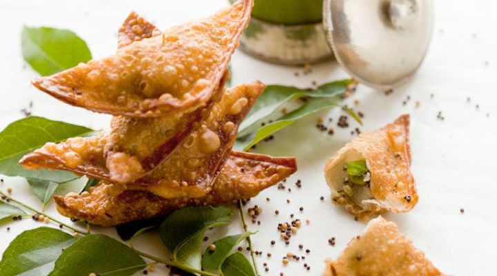 Crispy Vegetable Samosas with Mint Jalapeno Chutney