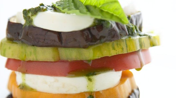 Heirloom Tomato, Eggplant and Fresh Mozzarella Stacks with Arugula Salsa Verde Recipe