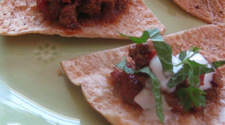 Middle East Nachos: Baharat Spiced Beef On Pita Chips with Tahini Sauce and Herbs Recipe