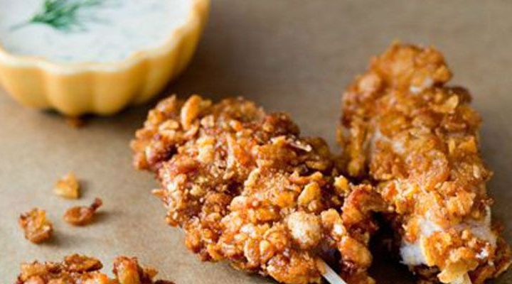 Oatmeal Crusted Fried Chicken Skewers with Buttermilk Herb Dressing
