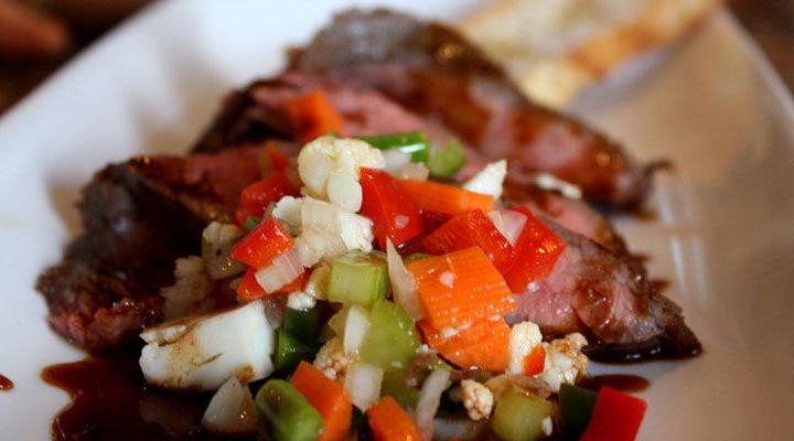 Seared Flank Steak with Red Wine Jus and Spring Vegetable Giardiniera